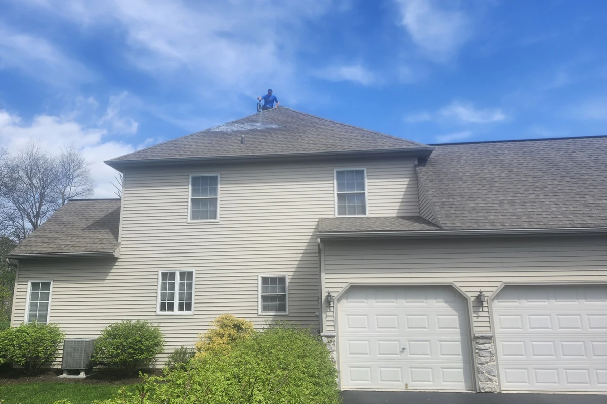 Light roof on a tan colonial house with a double garage before soy oil roof treatment