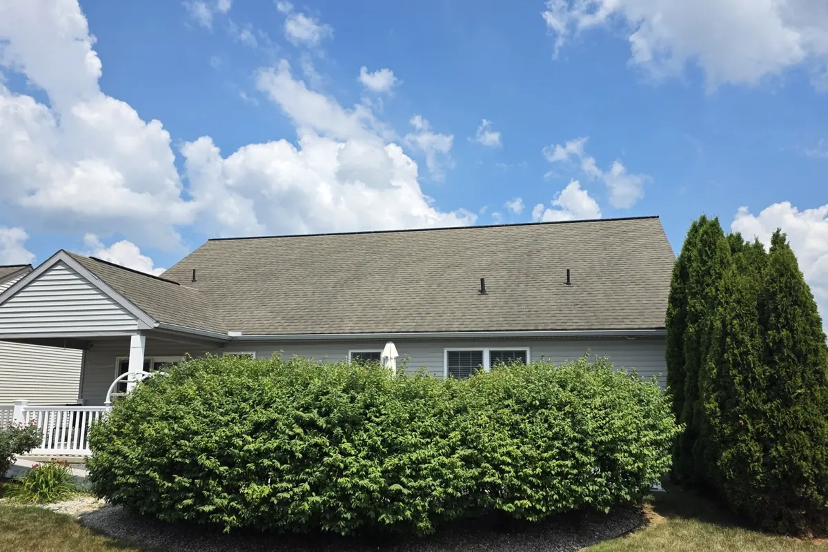 Faded tan-gray asphalt shingle roof on a single-story house behind a hedge before soy oil roof treatment